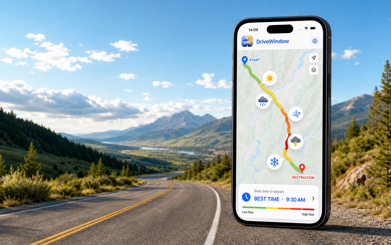 DriveWindow route-weather map on an iPhone with weather markers and colored risk segments