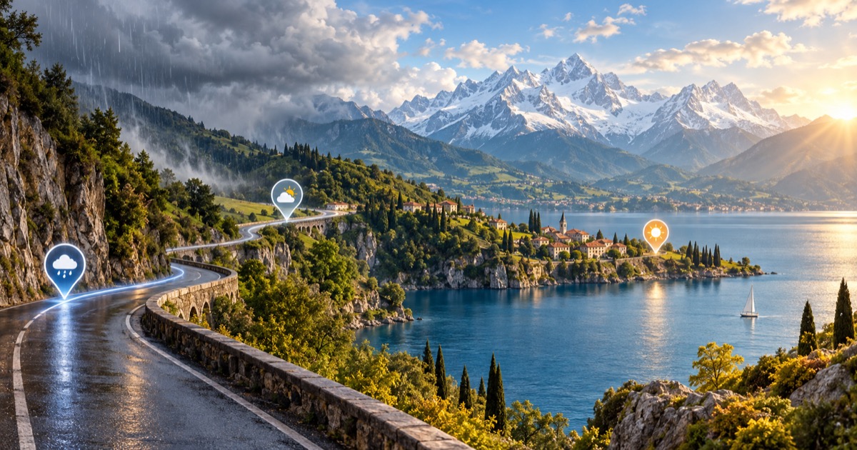 Illustration d’une route au bord d’un lac alpin avec pluie, éclaircies et repères météo