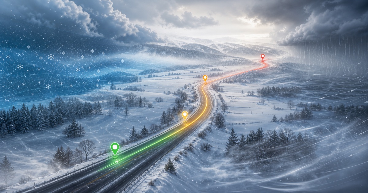 Winter driving route weather hub illustration
