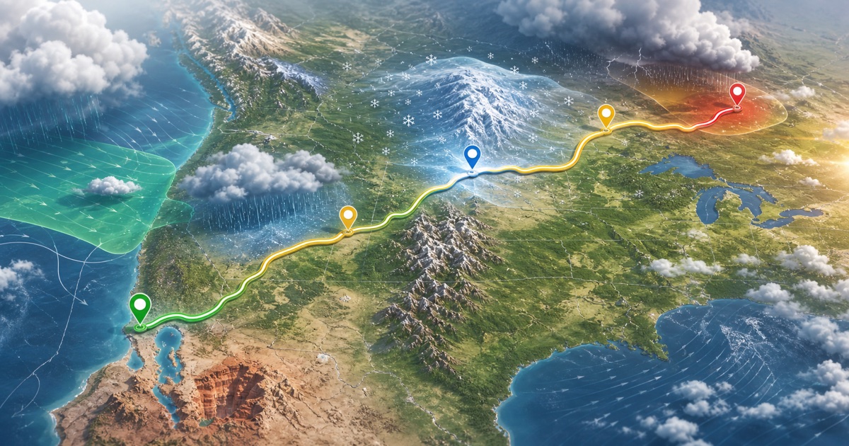 Route weather planning visual with departure timing and weather risk markers